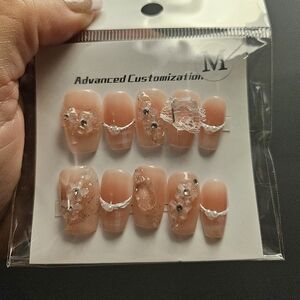 Peach Pink Press-On Nails with 3D Pearls & Rhinestones